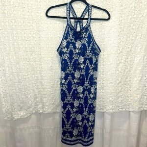 Max Studio Blue and White Women’s Floral Dress With Halter Neckline